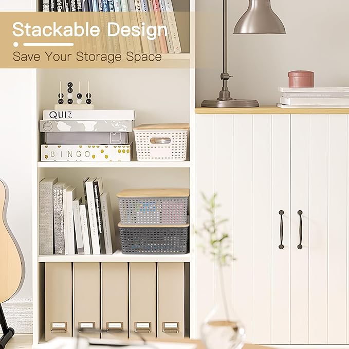 Criusia 6 Pack Plastic Storage Baskets With Bamboo Lid, Stackable Storage Baskets for Organizing Desktop Closet Shelves Drawers Pantry Organization Office Playroom Classroom