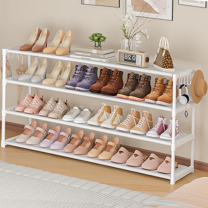 Extra Long Shoe Rack 4 Tier Shoe Storage Organizer with 2 Hooks, Wide Stackable Shoe Organizer Racks for Closet Entryway,Shoe Shelf Stand Sturdy Durable Shoes Holder Up to 26Pairs, White