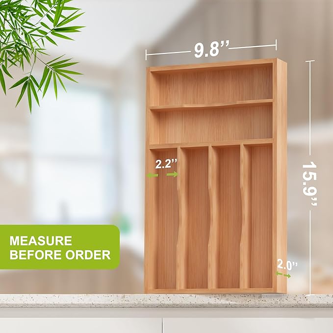 Bamboo Utensil Drawer Organizer with flexible dividers, Kitchen Organizer for Flatware Cutlery, Silverware Tray for Drawer (Natural, 10 x 16 Inch (6 Slots))