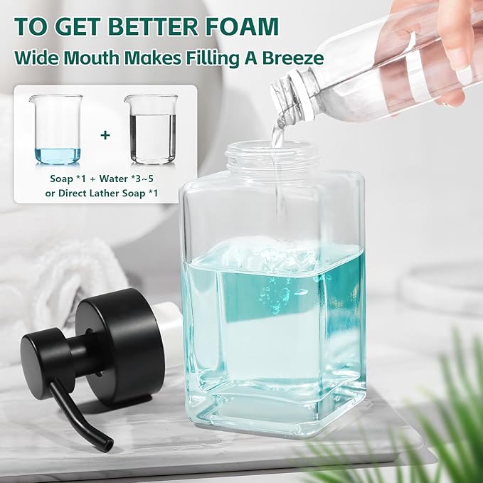 Foaming Soap Dispenser, 12oz/350ml Glass Foaming Hand Soap Dispenser Set, 2Pcs Refillable Foam Soap Dispenser With Foaming Pump, Labels, Square Foam Soap Hand Dispenser For Bathroom, Kitchen