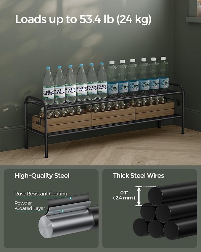 SONGMICS Shoe Rack, 2-Tier Shoe Organizer, Metal Shoe Shelf Storage with 4 Side Hooks, Holds 12 Pairs of Shoes, Height-Adjustable Shoe Rack for Entryway, Hallway, Closet, Ink Black ULMR121B01