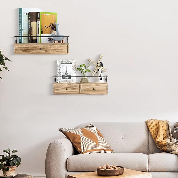 Floating Shelves - Wall Mounted Bathroom Shelf Set of 2 with Drawers, Rustic Wood Shelves for Bedroom, Living Room, Kitchen, Wall Decor, Plants, Books (Brown)