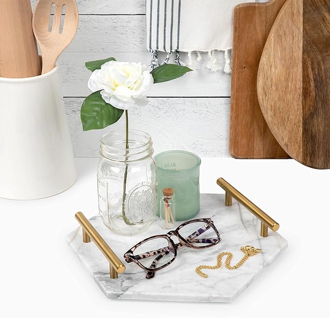 White Marble Tray with Gold Handles - Solid Marble Perfume Tray for Vanity - Chic Modern Hexagon, Room Decor Elegant Bathroom Tray (Hexagon, White)