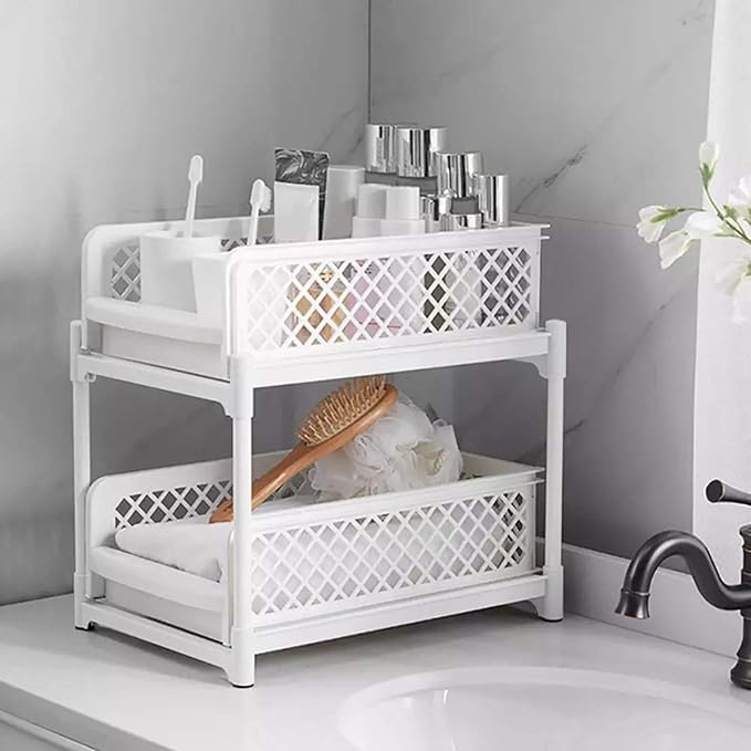 2 - Layer Bathroom Sliding Basket Storage Cabinet Organizer, White Bathroom Shelf with Pull Out Drawers, Space Saving Storage Rack for Kitchen Bathroom Office, Sturdy PP ABS Materi