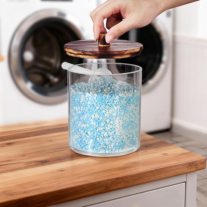 SheeChung 1 Pack 50 Oz Dark Wood Lid Large Apothecary Jar - Rustic Farmhouse Laundry Room Decor - Container for Bathroom Organization - Clear Storage Canister for Scent Beads & Salts