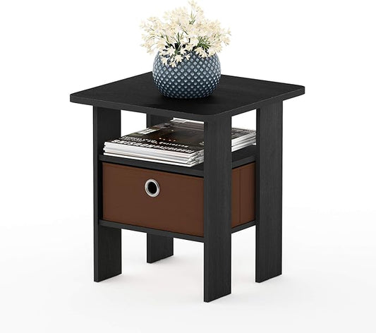 Furinno ANDREY Side Table, End Table, Night Stand with Open Shelves and Storage Bin, Bedside Table, for Living Room, Bedroom, Americano