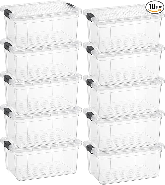 Superio Clear Storage Box with Lid, 11 Quart Plastic Container Bins for Organizing, Stackable Crates, BPA Free, Non Toxic, Odor Free, Organizers for Home, Office, School, and Dorm, 10 Pack