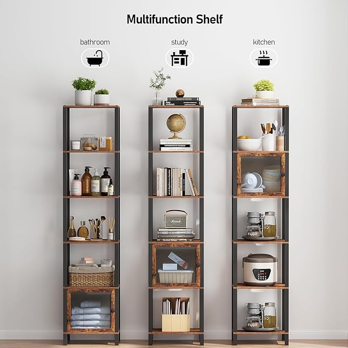 TUTOTAK 6 Tier Bookcase and Bookshelf, Narrow Book Shelf with Door for Small Space, for Living Room, Office, Study, Entryway, Brown BS03BB006