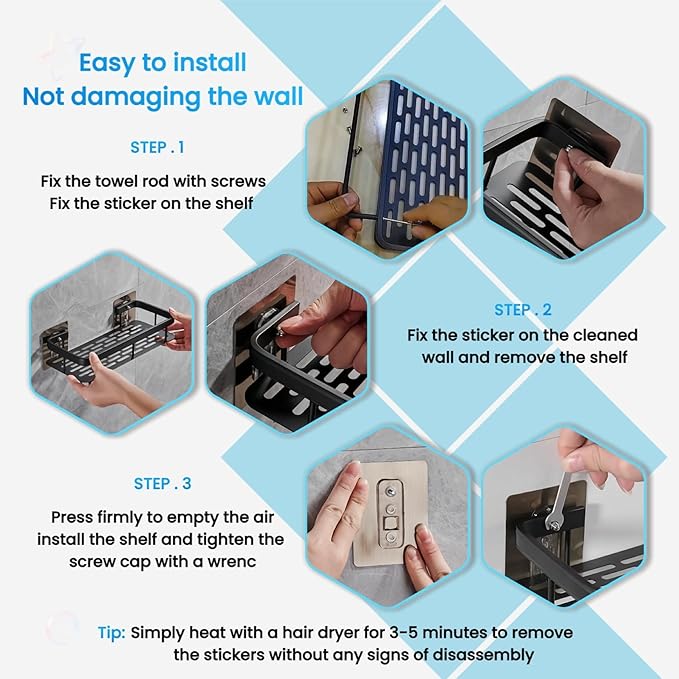 2-Pack Adhesive Shower Caddy – Rustproof Aluminum Black Shower Shelves with Towel Bars & Hooks, No Drill Bathroom Organizers and Storage, Anti-Tip Shower Organizer for Inside Shower