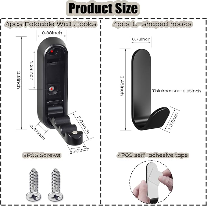 4PCS Foldable Wall Hooks, Folding Coat Hook, Folding Hook Wall Mount with 4pcs L-Shape Nail-Free Hooks, Screwdriver and Drill Bit, for Bathroom, Kitchen, Entryway, Holds Coats, Backpacks, Hats, Keys