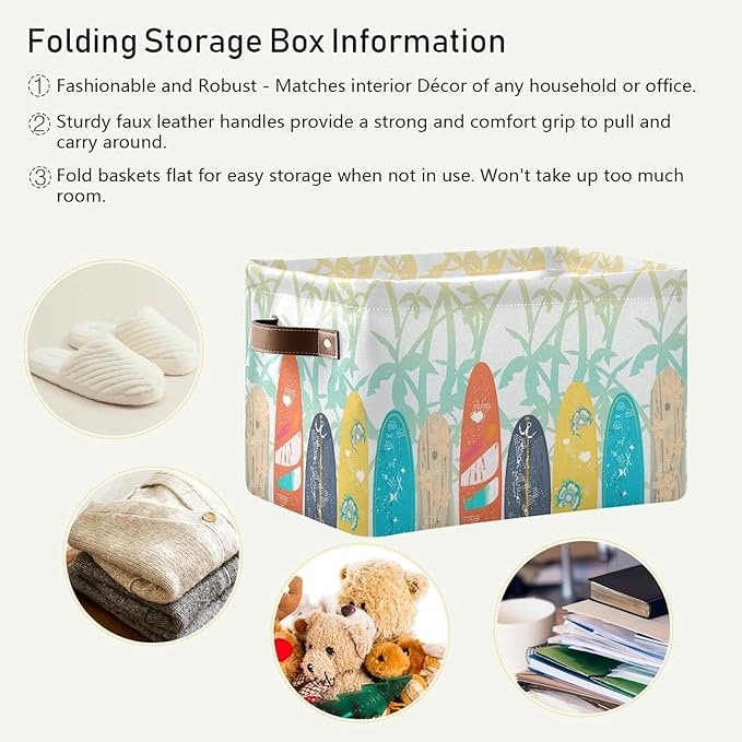 susiyo Large Foldable Storage Bin Palm Trees Surf Boards Fabric Storage Baskets Collapsible Decorative Baskets Organizing Basket Bin with PU Handles for Shelves Home Closet Bedroom Living Room-1Pack