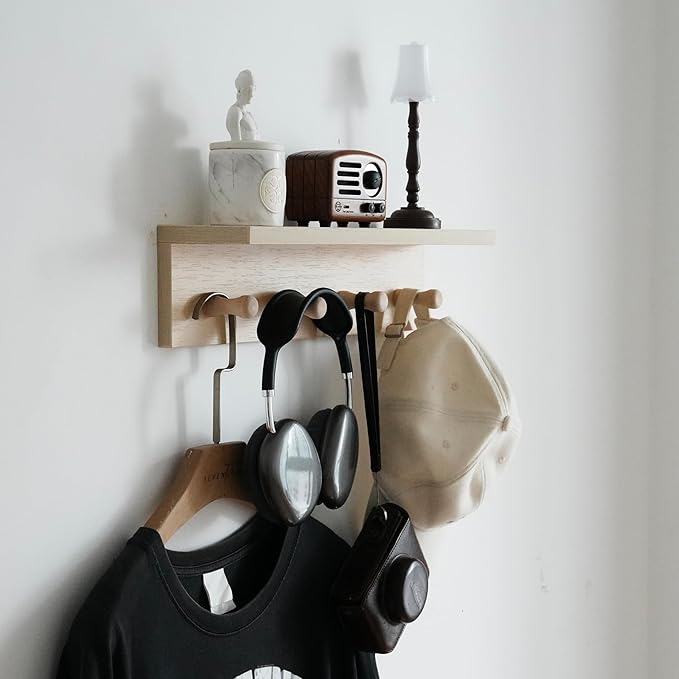 Wall Mounted Coat Rack with Shelf, 15.7" Floating Shelf with 8 Hooks, Heavy Duty Entryway Organizer for Hanging Coats, Bags, Hats, Towels - Ideal for Entryway, (2Pack-Birch Colored Finish)