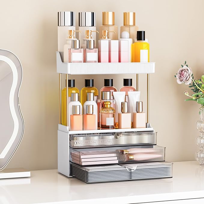 Bathroom Organizers and Storage - 3 Drawers 2 Tier Makeup Organizer, Cosmetic Storage Drawer for Dresser Countertop and Bathroom Vanity for Large Skincare, Perfume, Grey