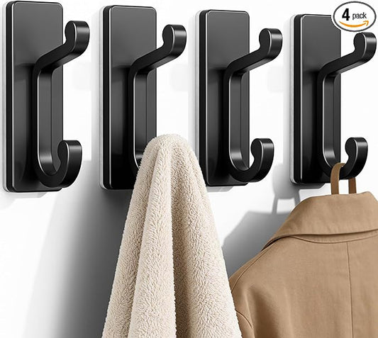 Self Adhesive Wall Hooks Black, Sticky Hangers Wall Mount, Holds 13Lbs for Clothes, Towel, Robes, Keys, Double Hooks for Bathroom, Bedroom and Door, 4 Pack.