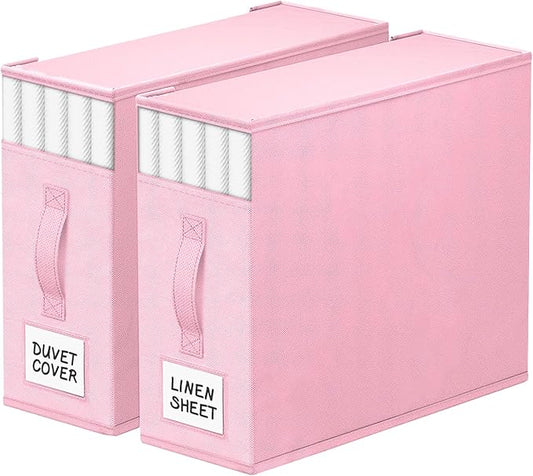 2 Pack Bed Sheet Closet Organizers and Storage,Sturdy Foldable Storage Containers with Window and Label,Storage and Organization for Bedding Sheets,Duvet Covers,Blankets (Pink)