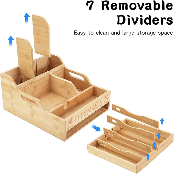Kitchen Utensil Holder with Drawer, Farmhouse Spatula Organizer for Countertop,Large Capacity Flatware Spoon Forks Knives Cooking Tool Cutlery Holder for Party Picnic BBQ with 11 Compartments (Wood)