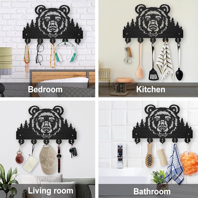 MAYJOYDIY Wooden Bear Forest Coat Hooks Wild Animal Tree Key Holder for Wall 11.8×7.9inch Decorative Bear Head Key Hooks Organizer Rack with 5 Alloy Hooks for Gift Farmhouse Hallway Entryway Decor