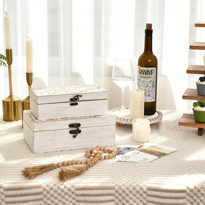 White Wooden Storage Box Set of 2 - Distressed White-Washed Decorative Boxes with Hinged Lids - Hand Carved Solid Pine Organizer for Jewelry, Keepsakes, and Shabby Chic Home Décor