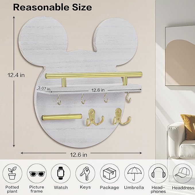 AIRPOP Key Holder for Wall–Mouse Wooden Mail Organizer Wall Mount with Shelf and 6 Hooks, Easy Installation Key Rack Hanger for Entryway Living Room Home Decor(White)