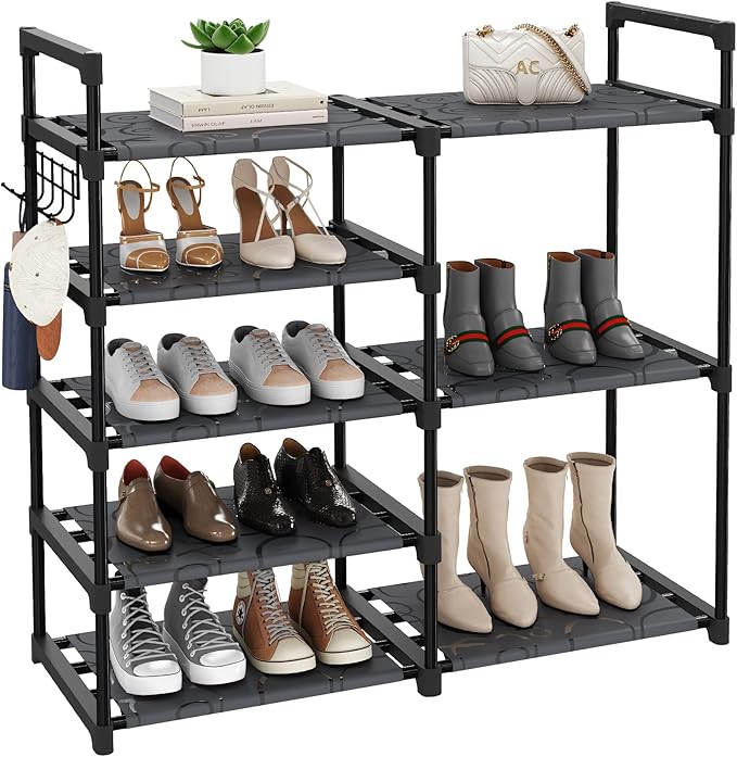 Black Tubes Closet Shoe Rack, Boot Rack, 5 Tier Oxford Fabric Shelf, Easy Assembly, Sturdy and Durable, Holds Up to 30 lbs