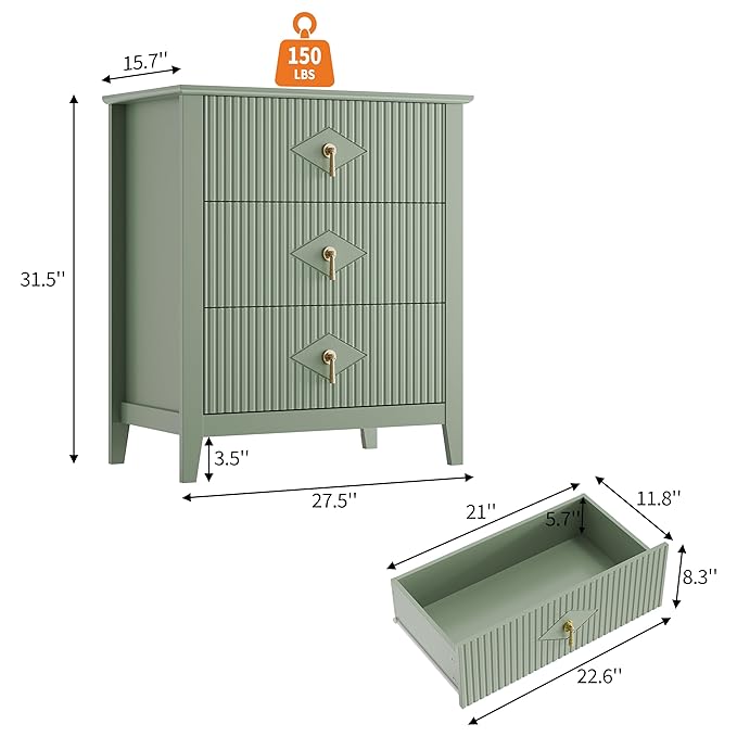 GarveeHome Fluted Dresser for Bedroom, 27.5" Wide 3-Drawer Wood Dresser, Modern Chest of Drawers, Storage Organizer Cabinet for Living Room, Hallway, Entryway, Green