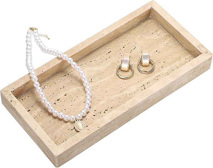 Hipiwe Natural Travertine Tray Vanity Decorative Tray Rectangular Perfume Trays Bathroom Countertop Storage Catchall Trays for Vanity Jewelry Trinket Candles Organizer, 9.8"x4.7"x1.2"
