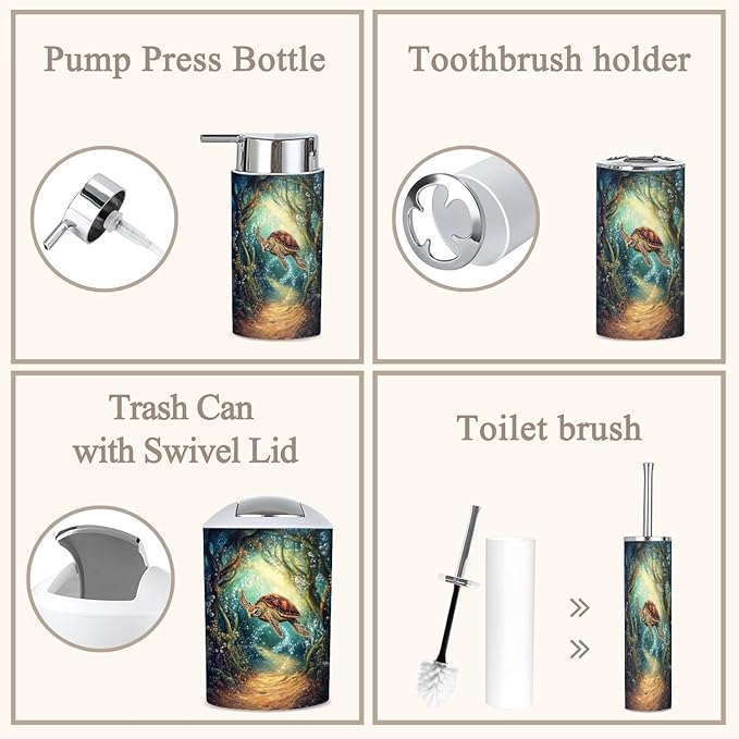 6 Piece Bathroom Accessories Set Turtle s Kelp Bubbles Wonder Trash can Toilet Brush Holder Toothbrush Holder Toothbrush Cup Soap Dispenser Soap Dish for Home