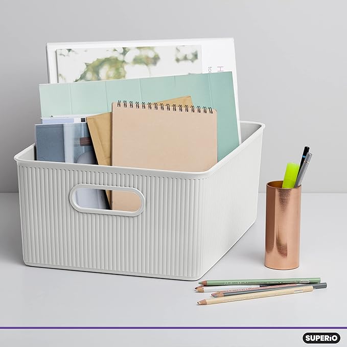 Superio Ribbed Collection - Decorative Plastic Basket Open Home Storage Bins Organizer, Large White (6 Pack) Container Boxes for Organizing Closet Storage Bins for Shelves 15 Liter/16 Quart