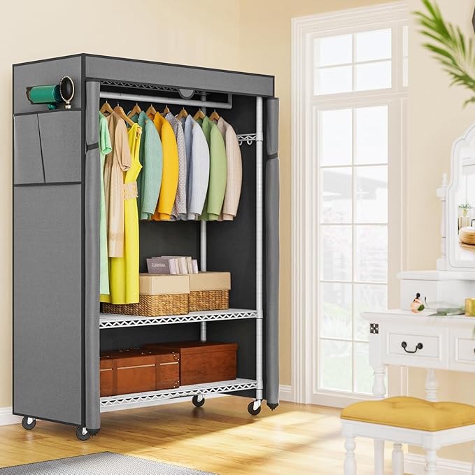 LEHOM G1C Heavy Duty Clothes Rack with Cover, Rolling Garment Rack for Hanging Clothes, Portable Closets with Oxford Fabric Cover, Freestanding Clothing Rack on Wheels (White+gray Cover, G1C)