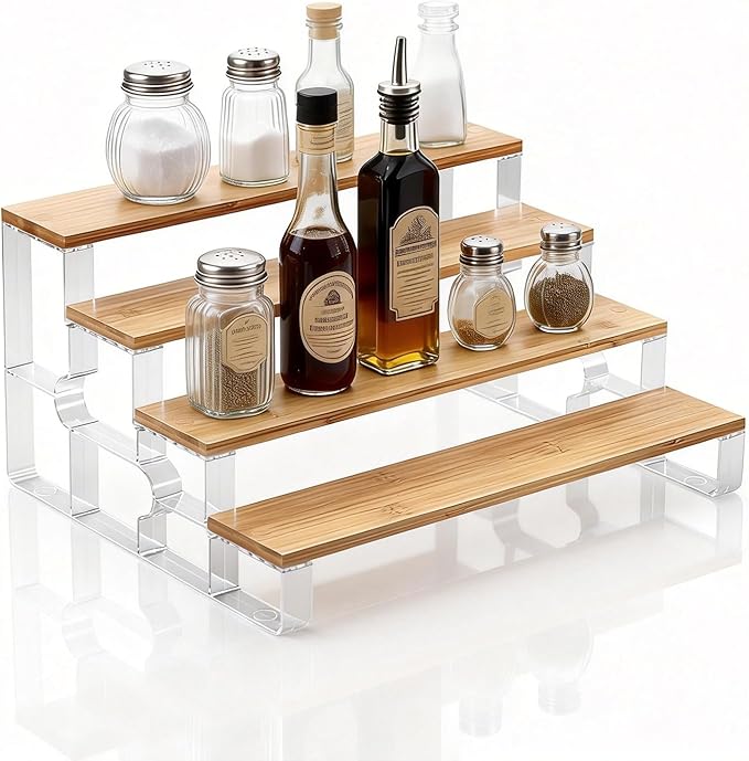 junyuan Bathroom Organizers and Storage,4 Tier Spice Rack Organizer for Countertop,Kitchen Countertop Organizers and Storage Shelf,Bamboo Tiered Display Stand,Clear Extended Width 14"