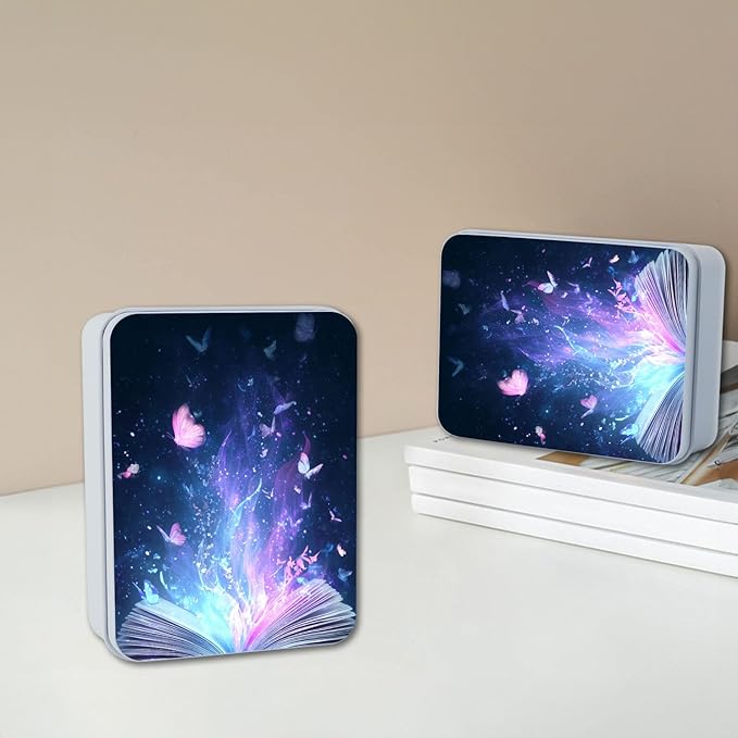 Metal Tin Box with Lid,Multi-functional Storage Large Box Can Store Tea Biscuits Game Cards, Playing & Tarot Cards-Comes with 4 Magnetic Cord Clips,Magical Book with Butterflies
