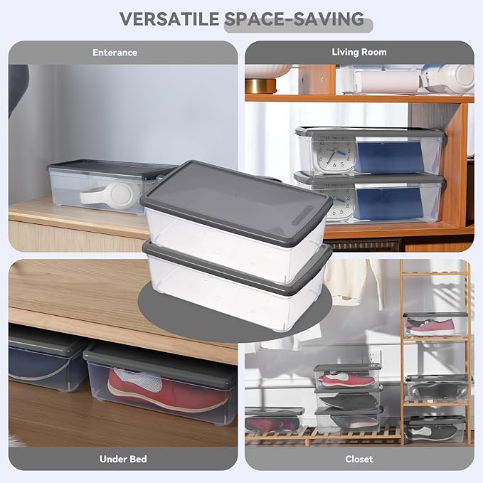 novelinks 6 Quart Clear Plastic Storage Bins with Lids Stackable Box Craft Storage Organizing Container,12 Pack (Gray)