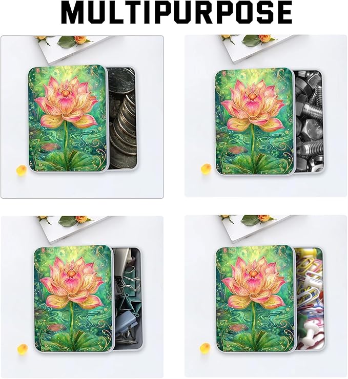 Metal Tin Box with Lid,Multi-functional Storage Box Can Store Tea Biscuits Game Cards, Playing & Tarot Cards-Comes with 4 Magnetic Cord Clips,Lotus Flower Art