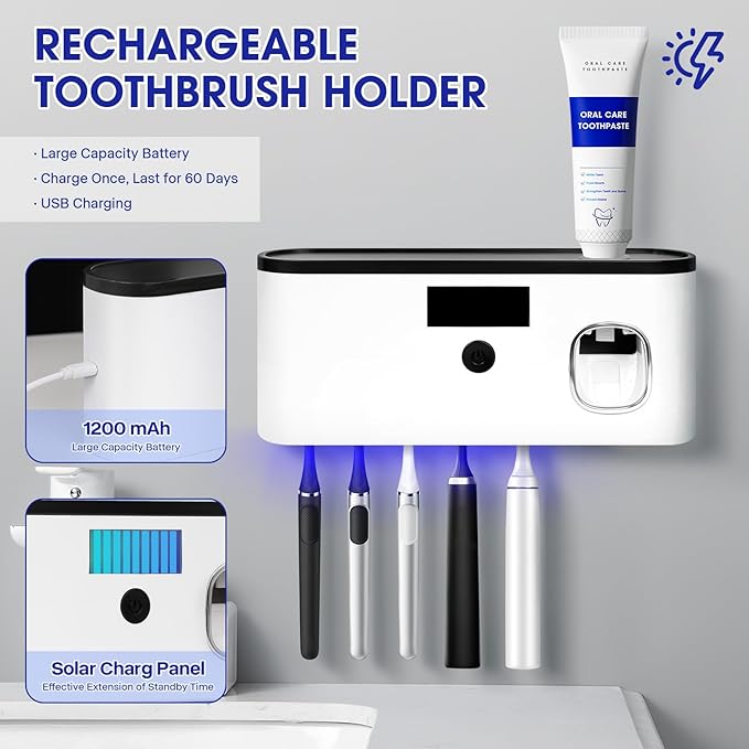 Punch-Free Wall Mounted Bathroom Toothbrush Holder, 5 Toothbrush Slots, Bathroom Toothbrush Sterilizer with Toothpaste Dispenser USB Charging Toothbrush Holder (White)