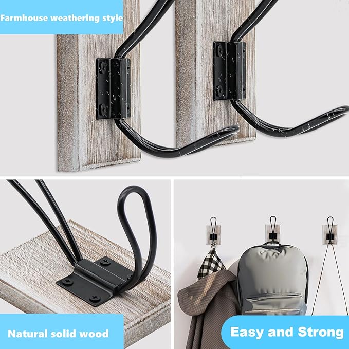 Wall Hooks for Hanging,Coat Hooks,Hat Hangers for Wall,2 Pack Adhesive Towel Hooks for Bathroom,Wood Coat Rack for Robe Keys Purse(Weathered White)