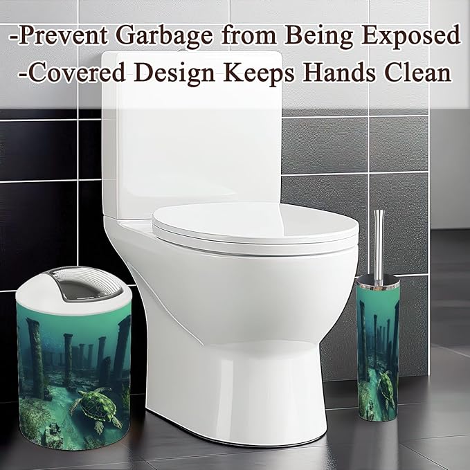 6 Piece Bathroom Accessories Set Surreal Art Ancient Sea Turtle Ruin Trash can Toilet Brush Holder Toothbrush Holder Toothbrush Cup Soap Dispenser Soap Dish for Home