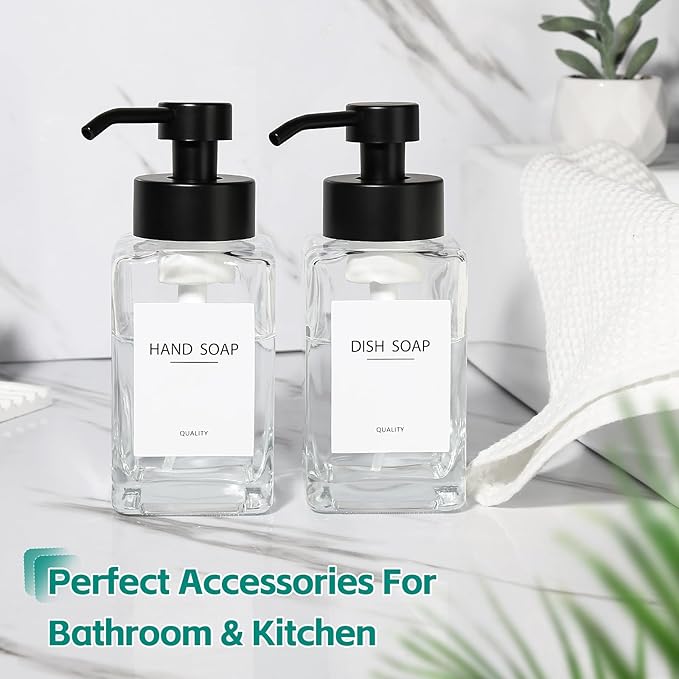 Foaming Soap Dispenser, 12oz/350ml Glass Foaming Hand Soap Dispenser Set, 2Pcs Refillable Foam Soap Dispenser With Foaming Pump, Labels, Square Foam Soap Hand Dispenser For Bathroom, Kitchen