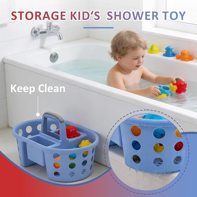 Large Shower Caddy Portable 2PC - Made in USA Plastic Jumbo Size Dorm Storage Candy Tote with Handle Shower Organizer for Bathroom, Pantry, Kitchen, College Dorm, Red/Periwinkle