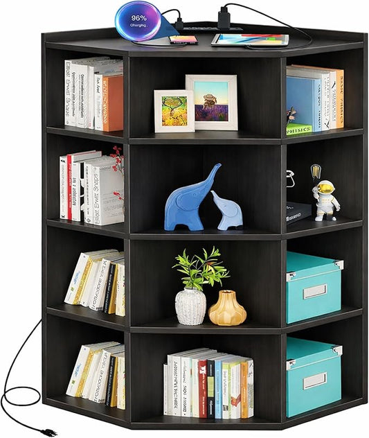 Aheaplus Corner Cabinet, 5-Tier Corner Bookshelf with Power Outlets, Corner Cube Storage Shelf with Top Table, Wooden L Cubby Toy Storage with 12 Cubes for Home Office, Bedroom, Living Room, Black