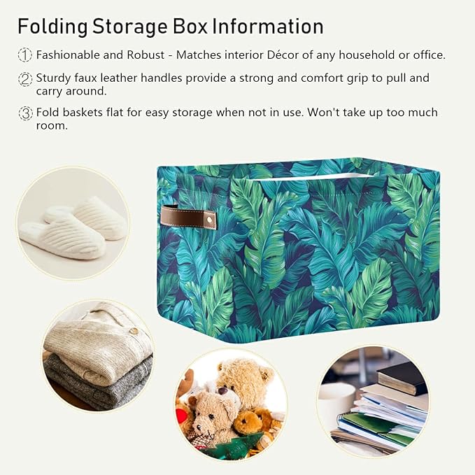 Bolaz Large Storage Basket Turquoise Tropical Leaves Green Foldable Storage Box Organizer Bins with Handles for Bedroom Home Office