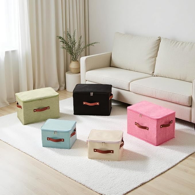 Storage Bin Box with Zippered Lid Cotton Linen Fabric Decorative Basket with PU Leather Handles PP Plastic Board Foldable Lidded Clothing Shelf Closet Organizer Container (Black, Large)