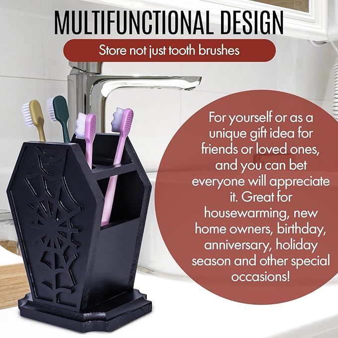 Gothic Decor Coffin Toothbrush Holder - Halloween Goth Bathroom Decor Brush Holder for Oddities and Curiosities - Spooky Pen Organizer for Kids and Adults - Witchy Gifts for Women