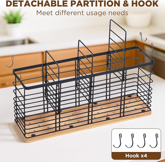 4 Compartments Extra Large Kitchen Utensil Holder with Wooden Base, Metal Organizer for Kitchen Countertop, Matte Black Cooking Utensils Holder with 4 Hooks for Tools Storage