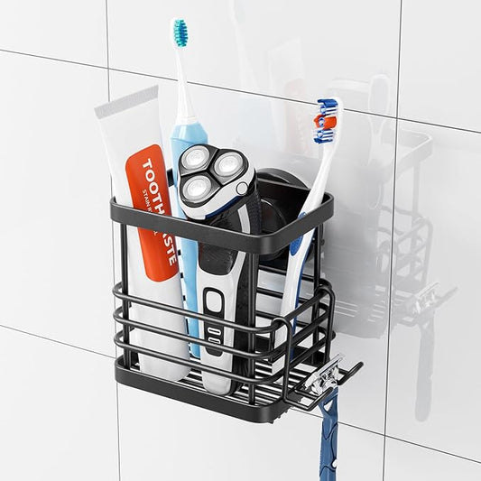 TAILI Patented Suction Cup Toothbrush Holder, Stainless Steel Anti-Puddling Shower Toothbrush Holder, No Drilling Removable Organizer for Bathroom Toothpaste, Razor, Kitchen and Office Items, Black