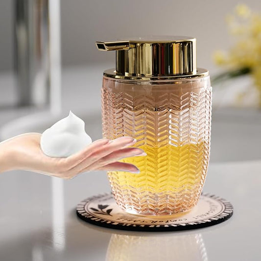 Glass Foam Soap or Lotion Dispenser - Refillable Liquid Dispenser with Large Gold Pump - Barrel Pattern in Pink