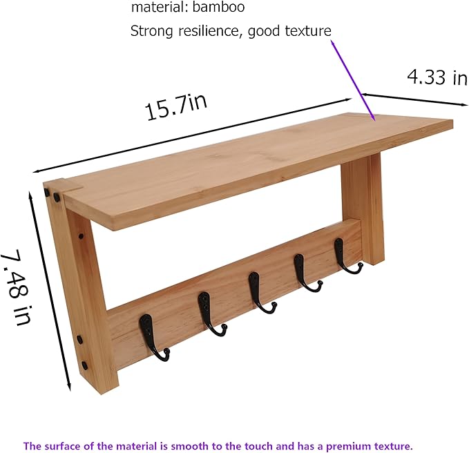 Wall Shelf with Hooks, Multi-Purpose Wooden Shelf & Metal Hooks for Home Entryway, Living Room,Office - Heavy Duty Coat Rack Organizer Hanging Coats, Bags, Key Holder