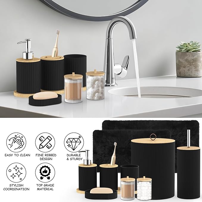 Bathroom Accessories Set - 24PCS Black Bathroom Set with Shower Curtain and Rugs,Trash Can,Toilet Brush Holder Set & Soap Dispenser – Stylish & Functional Bath Decor for Home, Apartment