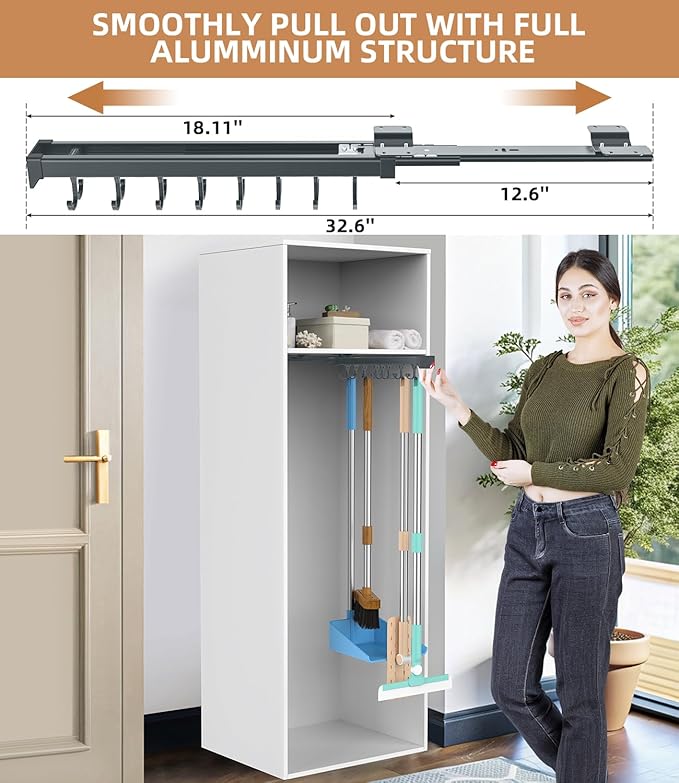 Pull Out Broom Holder, Multifunctional Slide Broom And Mop Storage/Organizer With Adjustable Double Row Sliding Hook, Garage Organization Hooks, for Closet Laundry Garage 46CM - grey - 46cm/18.11inch