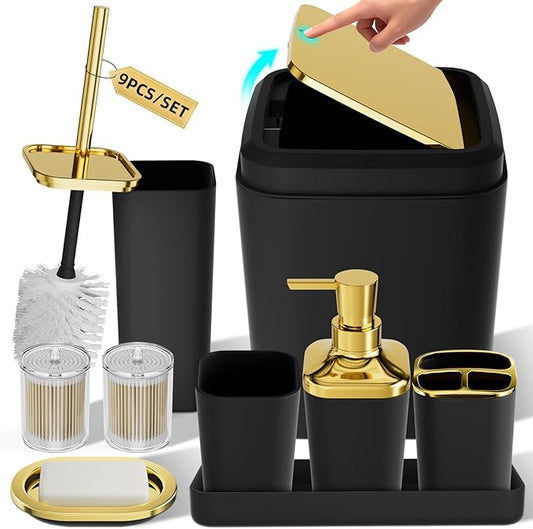Bathroom Accessories Set - Luxury Black Bathroom Set, 9 Pieces Bathroom Accessory Set, Black Bathroom Accessories with Trash Can, Toilet Brush & Soap Dispenser