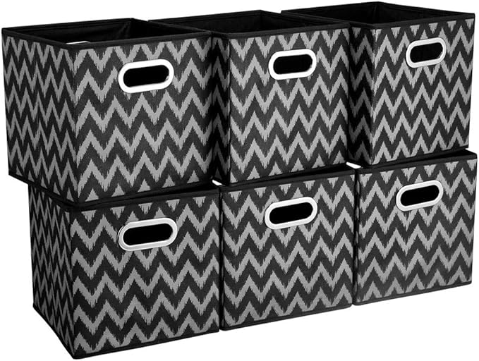 Collapsible Cube Storage Bins Chevron Pattern Cloth Square Storage Baskets Black Storage Inserts Cube 13x13 x 13 in Foldable Strorage Boxes Folding Fabric Drawer for Organizers Shelf Closet,QY-SC03-6
